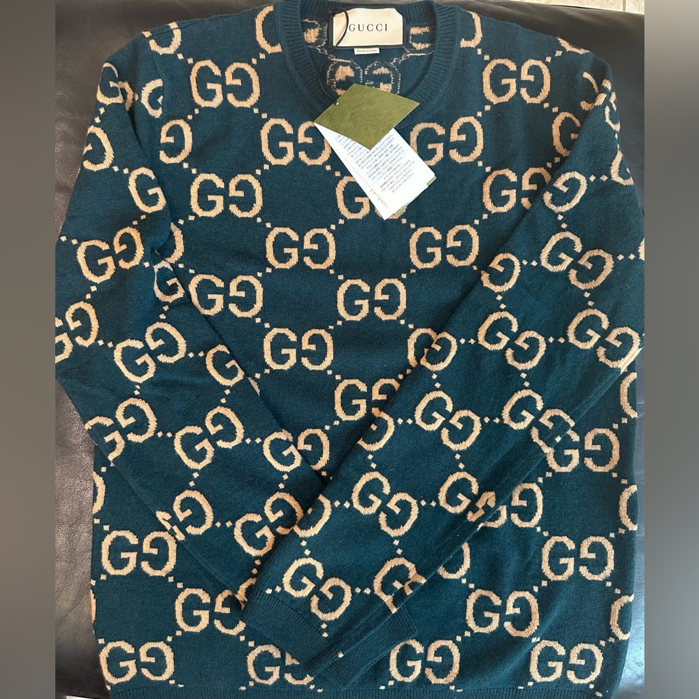 Gucci Green and Tan Logo Knit Sweater Small (unisex)